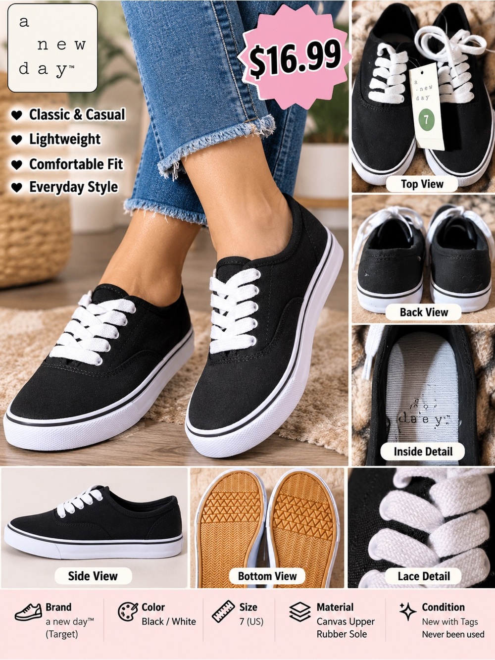 a new day Black and White Low-Top Canvas Sneakers